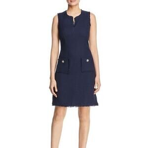 Karl Lagerfeld Paris Sleeveless Navy Blue Tweed Fringe Sheath Dress Size 6